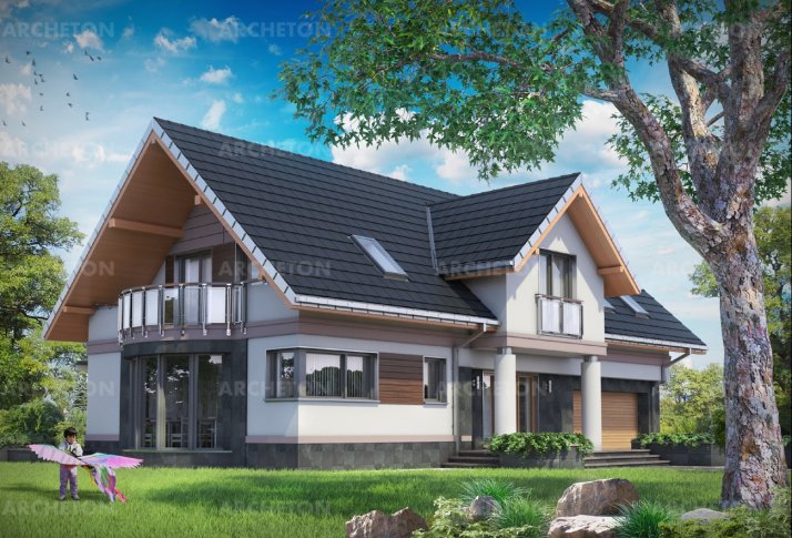 Модеста – проект дома с большой террасой и мансардой 18 х 11 м